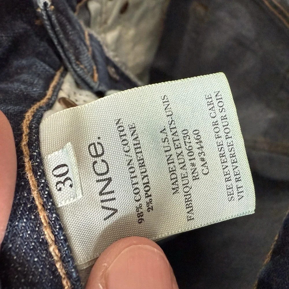 Vince Slim Straight Leg Denim Jeans Cotton Dark Wash Made in USA‎ Indigo 30